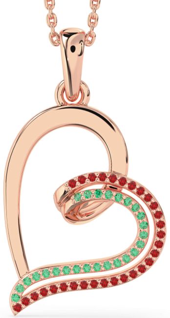 Emerald & Ruby Rose Gold Heart Necklace