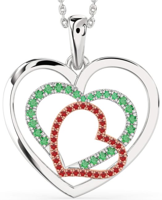 Large Emerald & Ruby White Rose Gold Heart Necklace