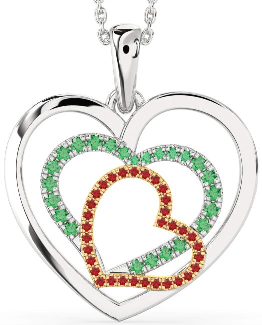 Large Emerald & Ruby Gold Silver Heart Necklace
