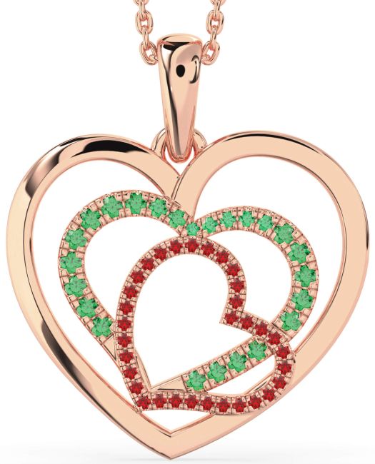 Large Emerald & Ruby Rose Gold Heart Necklace