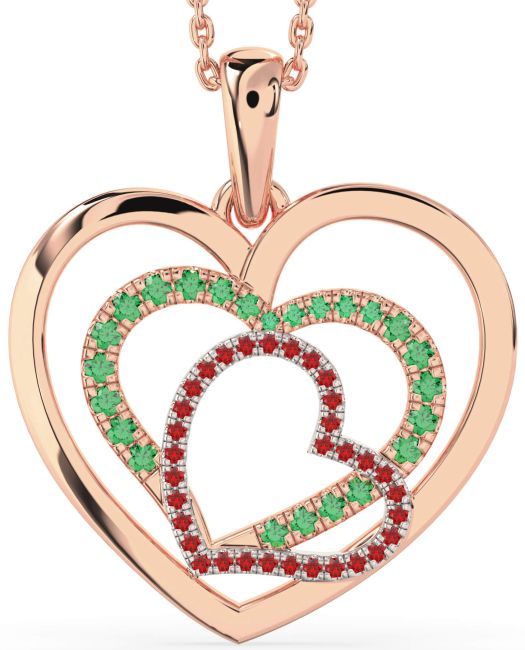 Large Emerald & Ruby Rose Gold Silver Heart Necklace