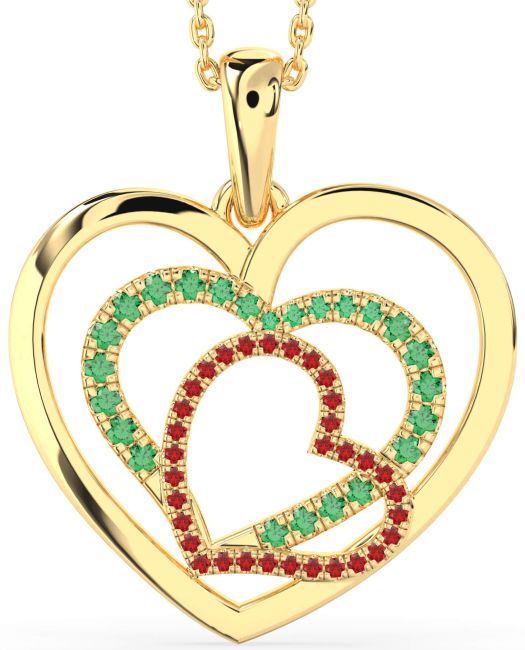 Large Emerald & Ruby Gold Heart Necklace