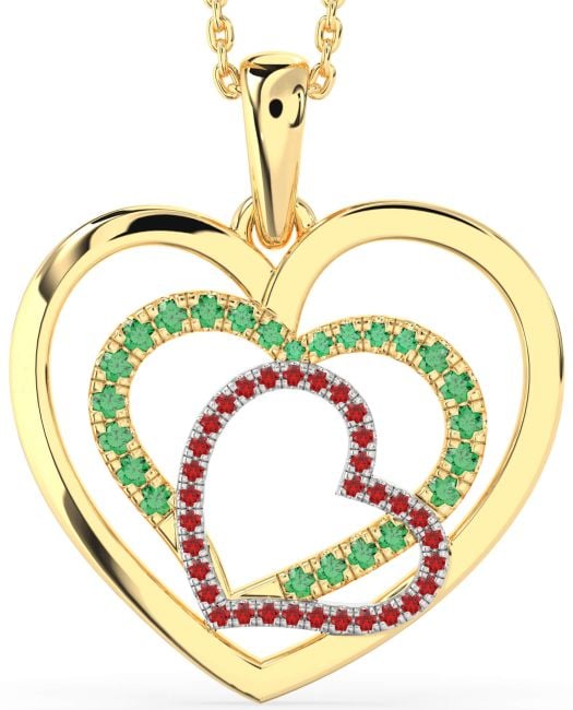 Large Emerald & Ruby Gold Silver Heart Necklace