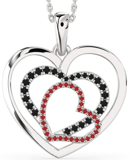 Large Black Diamond & Ruby Silver Heart Necklace