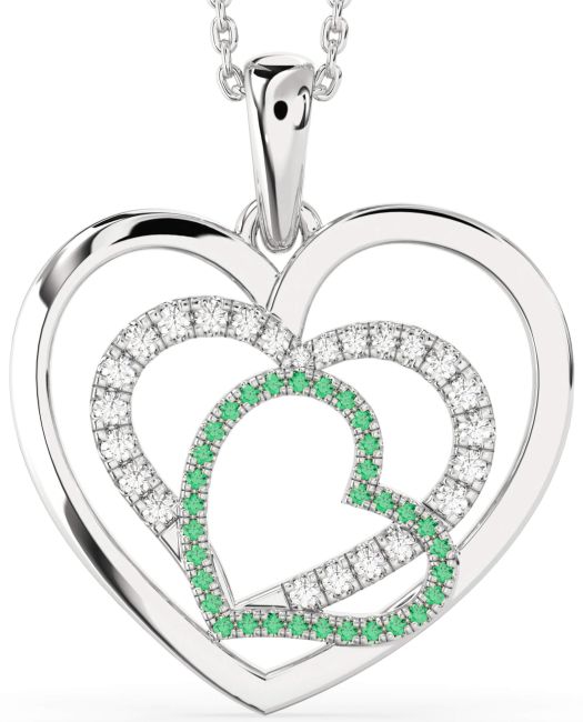 Large Emerald & Diamond Silver Heart Necklace