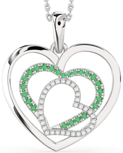 Large Diamond & Emerald Silver Heart Necklace