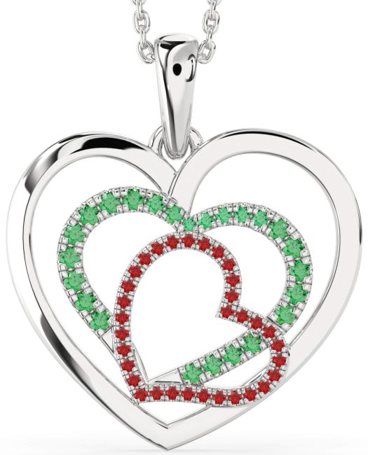 Large Emerald & Ruby Silver Heart Necklace