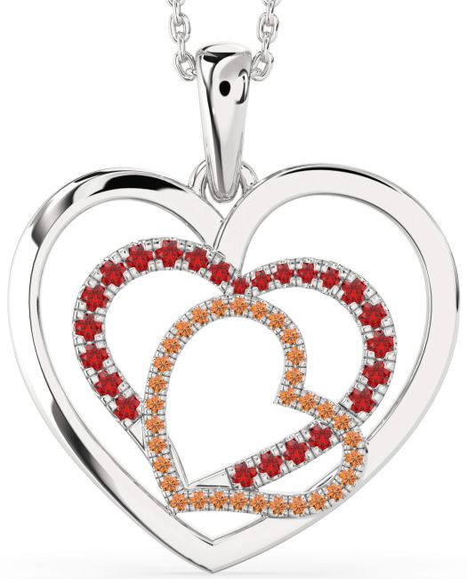 Large Ruby & Citrine Silver Heart Necklace