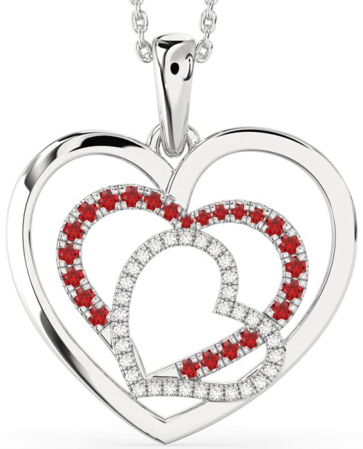 Large Diamond & Ruby Silver Heart Necklace