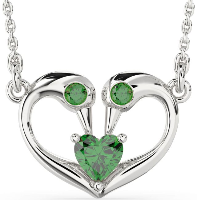 Emerald Silver Swan Heart Necklace