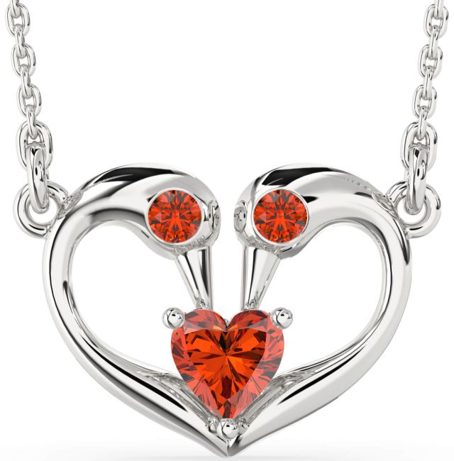 Fire Opal Silver Swan Heart Necklace