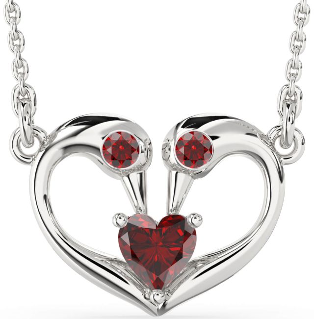 Garnet Silver Swan Heart Necklace