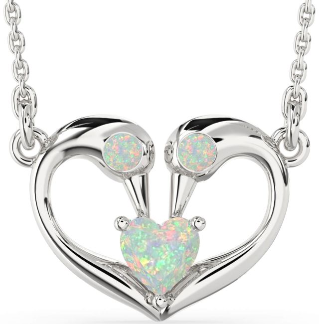 Opal Silver Swan Heart Necklace