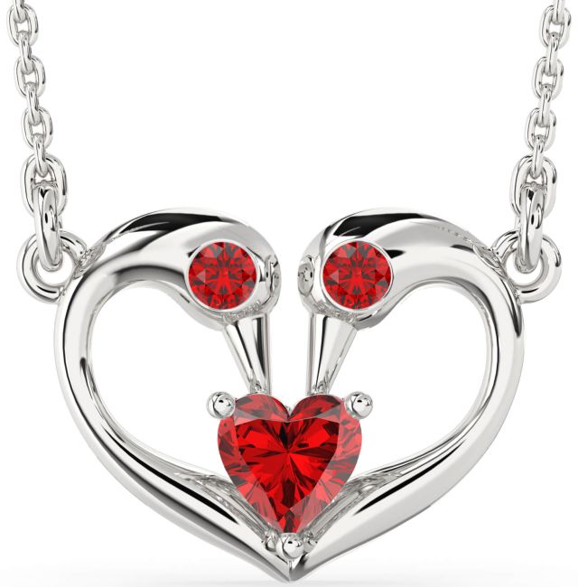 Ruby Silver Swan Heart Necklace
