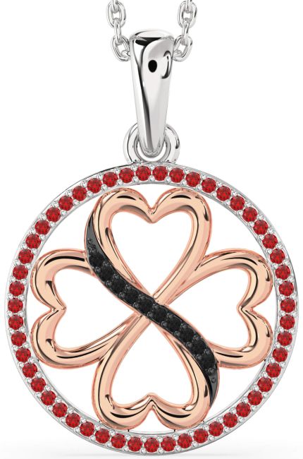 Black Diamond & Ruby Rose Gold Silver Clover Circle Necklace