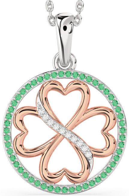 Emerald & Diamond Rose Gold Silver Clover Circle Necklace