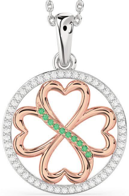 Diamond & Emerald Rose Gold Silver Clover Circle Necklace