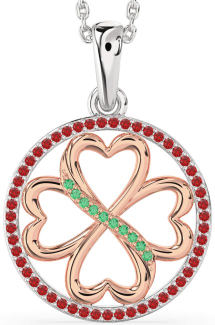 Emerald & Ruby White Rose Gold Clover Circle Necklace