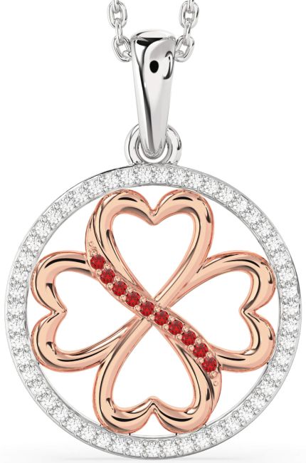 Diamond & Ruby Rose Gold Silver Clover Circle Necklace