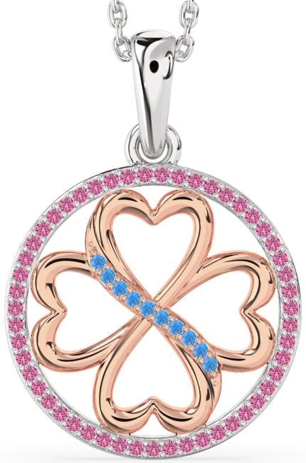 Swiss Blue Topaz & Pink Sapphire White Rose Gold Clover Circle Necklace