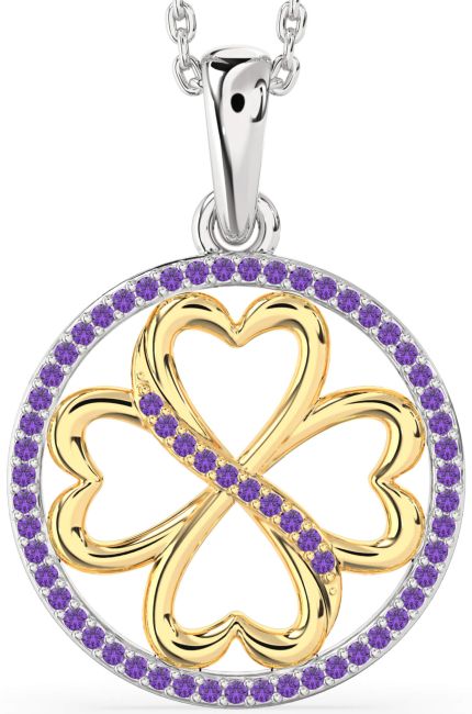 Amethyst Gold Silver Clover Circle Necklace