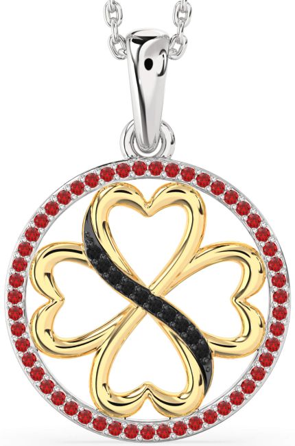 Black Diamond & Ruby Gold Silver Clover Circle Necklace