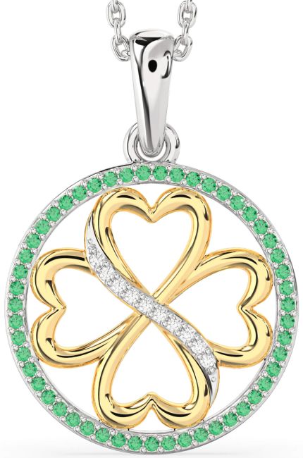 Emerald & Diamond Gold Silver Clover Circle Necklace