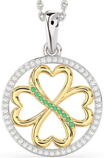 Diamond & Emerald Gold Silver Clover Circle Necklace