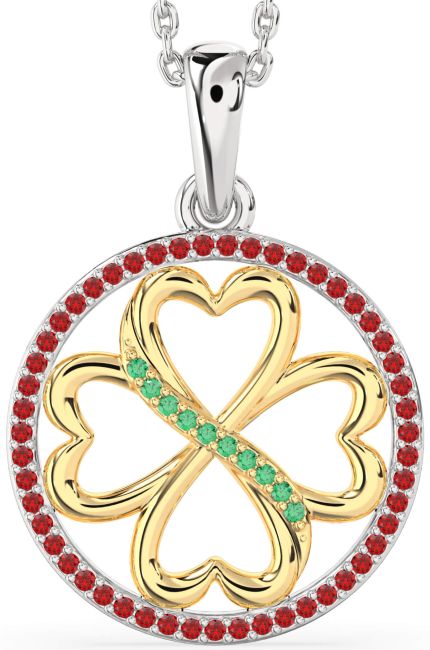 Emerald & Ruby Gold Silver Clover Circle Necklace