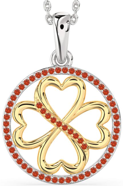 Fire Opal Gold Silver Clover Circle Necklace