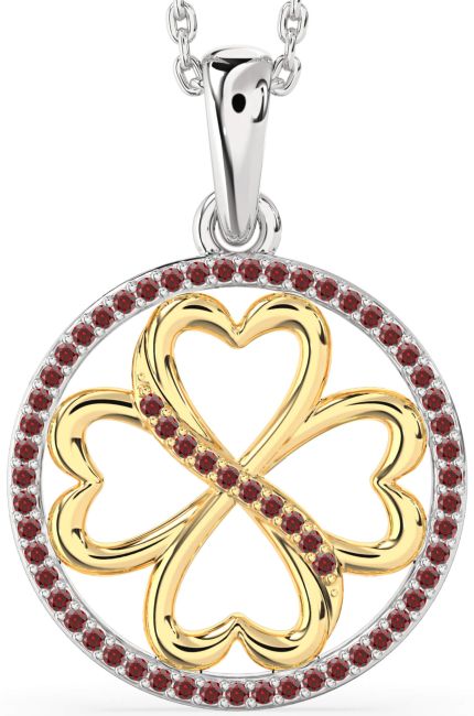 Garnet Gold Silver Clover Circle Necklace