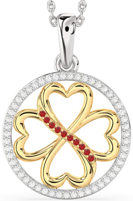 Diamond & Ruby Gold Silver Clover Circle Necklace