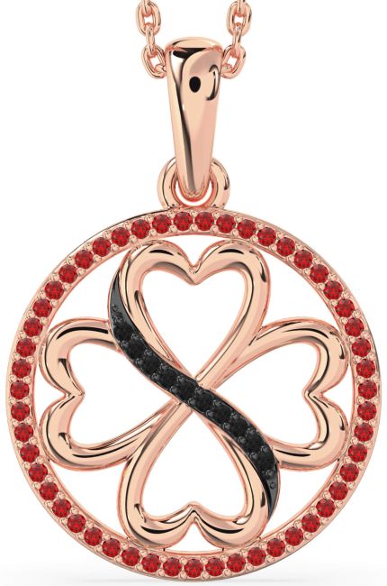 Black Diamond & Ruby Rose Gold Clover Circle Necklace