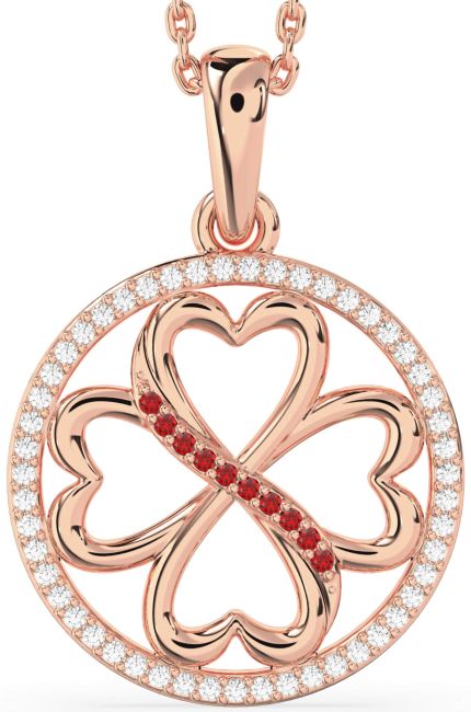 Diamond & Ruby Rose Gold Clover Circle Necklace