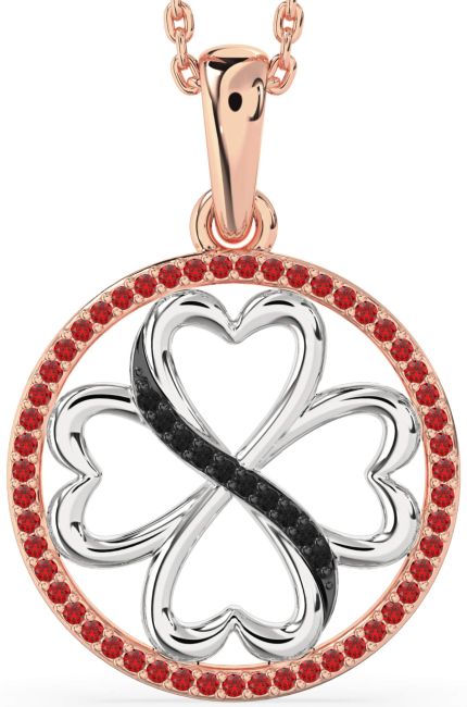 Black Diamond & Ruby Rose Gold Silver Clover Circle Necklace