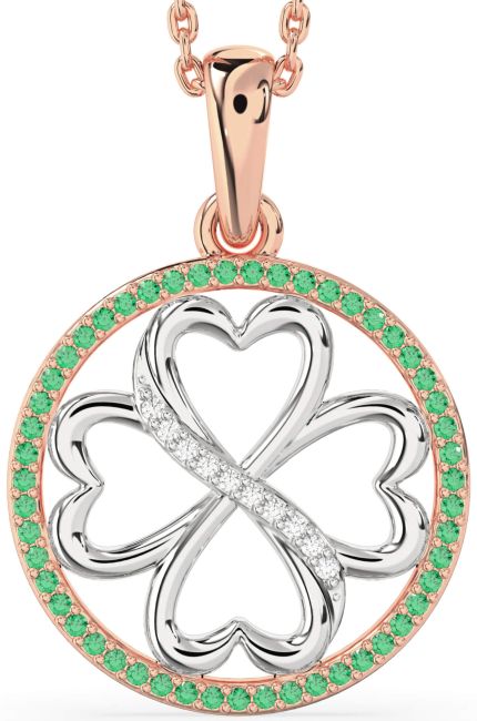 Emerald & Diamond Rose Gold Silver Clover Circle Necklace