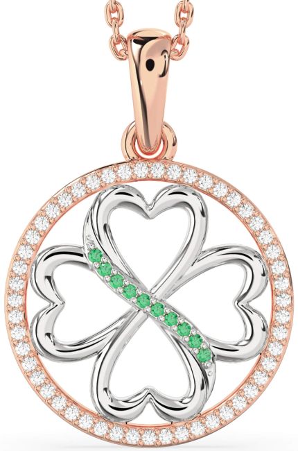 Diamond & Emerald Rose Gold Silver Clover Circle Necklace