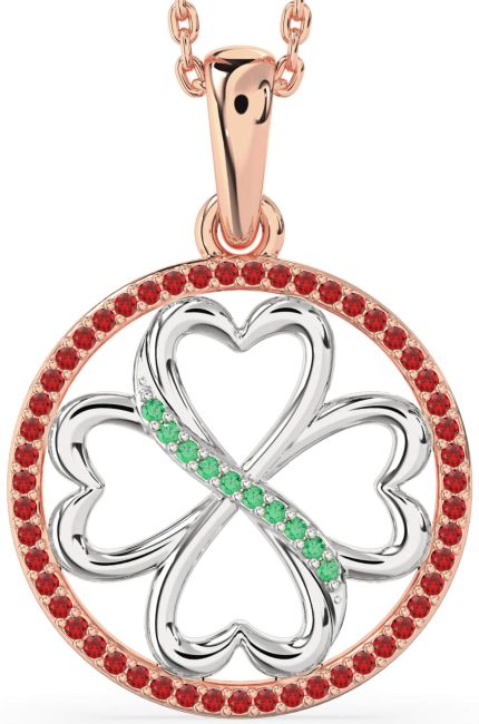 Emerald & Ruby Rose Gold Silver Clover Circle Necklace