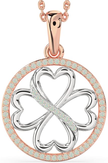 Opal Rose Gold Silver Clover Circle Necklace