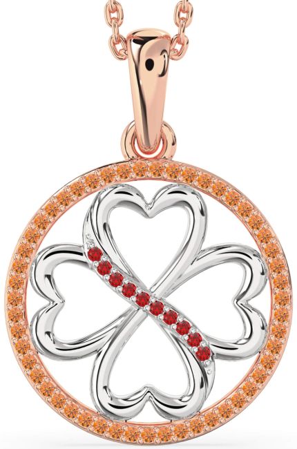 Ruby & Citrine Rose Gold Silver Clover Circle Necklace