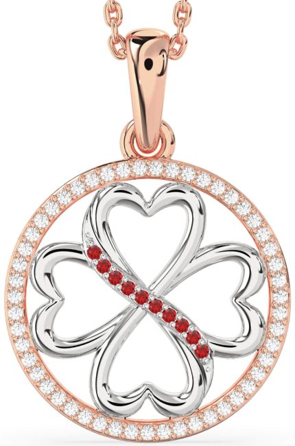Diamond & Ruby Rose Gold Silver Clover Circle Necklace