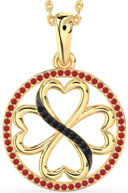 Black Diamond & Ruby Gold Clover Circle Necklace