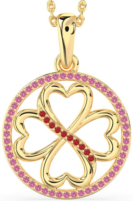 Ruby & Pink Sapphire Gold Clover Circle Necklace