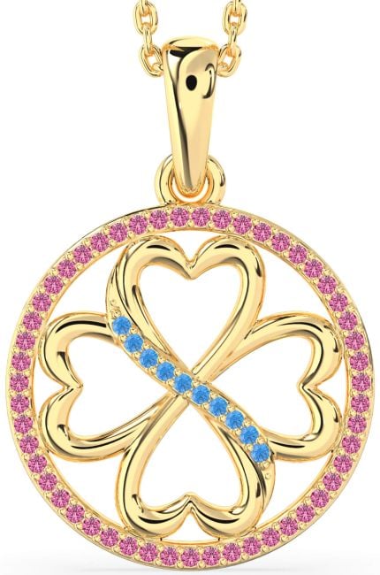 Swiss Blue Topaz & Pink Sapphire Gold Silver Clover Circle Necklace