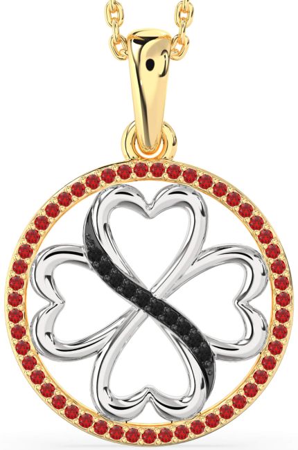Black Diamond & Ruby Gold Silver Clover Circle Necklace