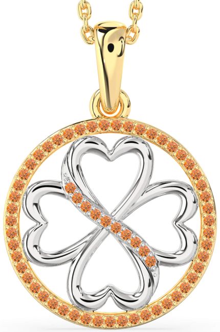 Citrine Gold Silver Clover Circle Necklace