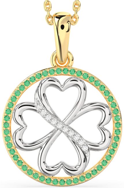 Emerald & Diamond Gold Silver Clover Circle Necklace