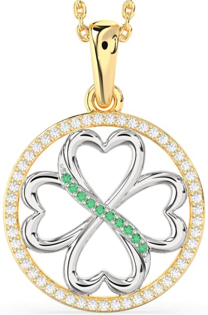 Diamond & Emerald Gold Silver Clover Circle Necklace