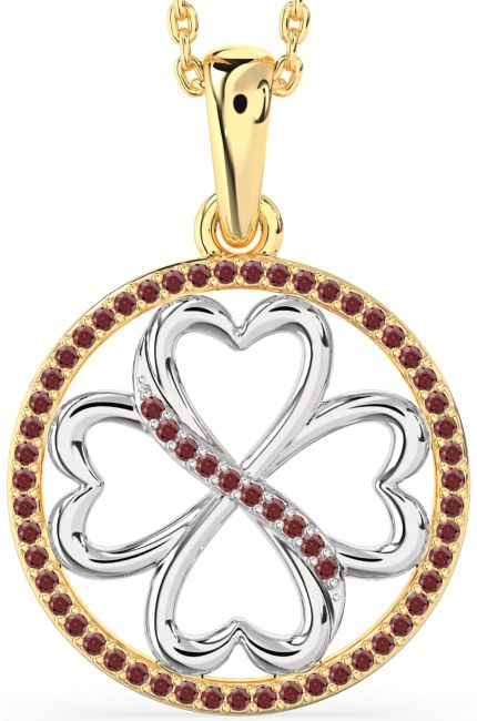 Garnet Gold Silver Clover Circle Necklace