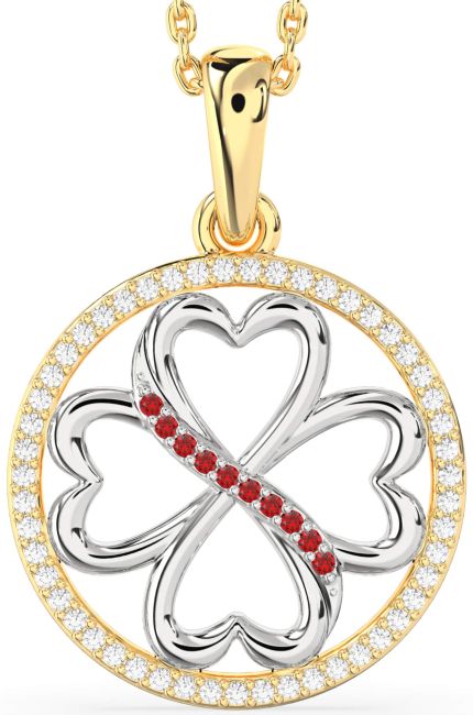 Diamond & Ruby Gold Silver Clover Circle Necklace